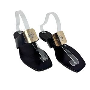 Tory Burch Georgia Black Leather Thong Slide Sandal Gold Logo Square Toe 8